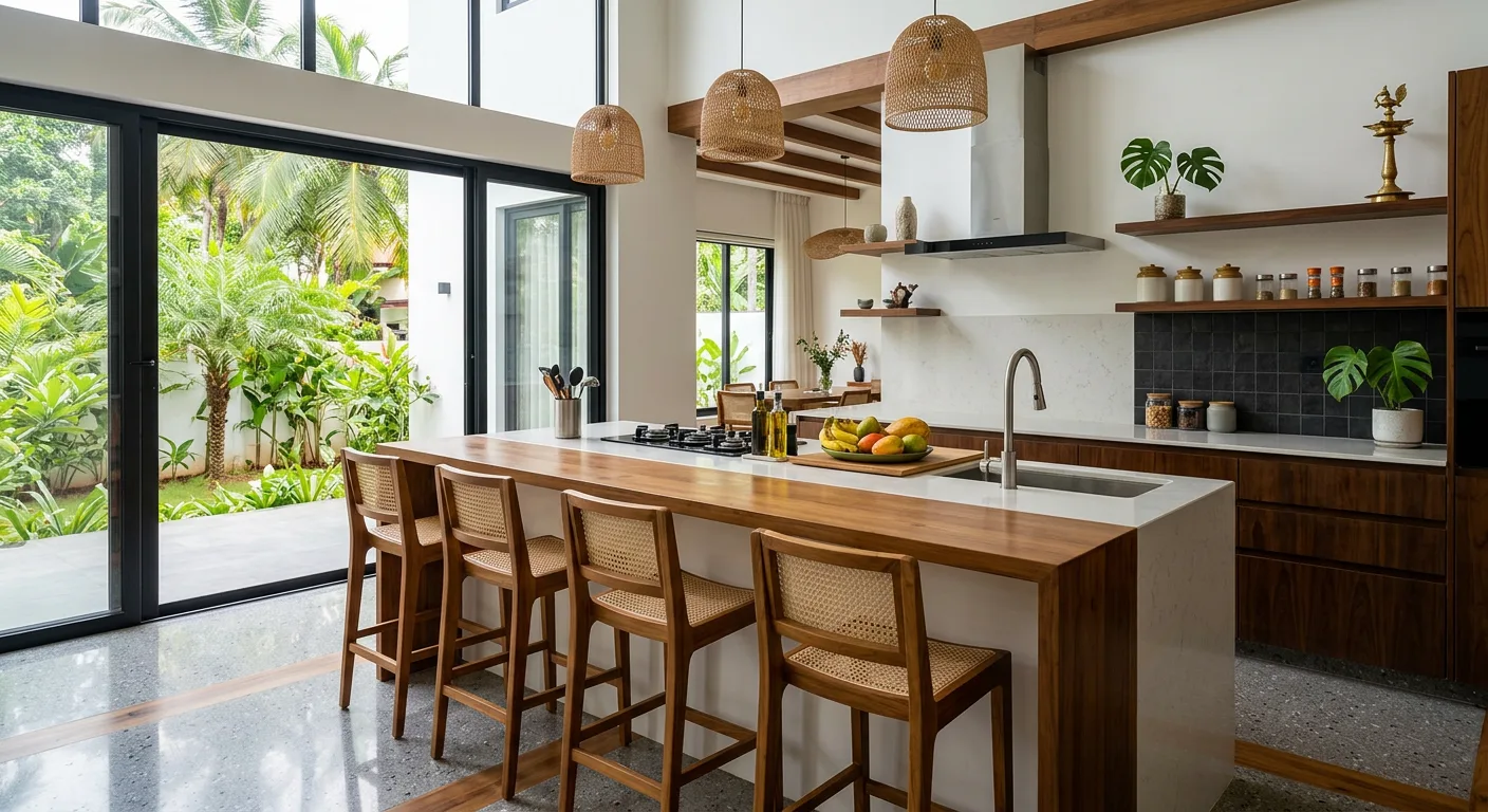 Island modular kitchen with breakfast counter at a Panampilly Nagar villa in Kochi