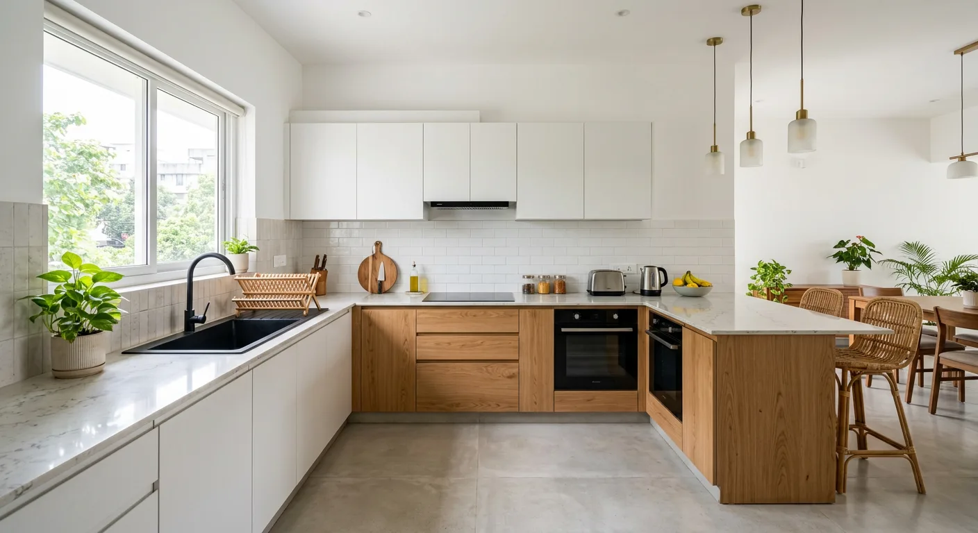 L shaped modular kitchen with white acrylic shutters at a Kakkanad apartment in Kochi