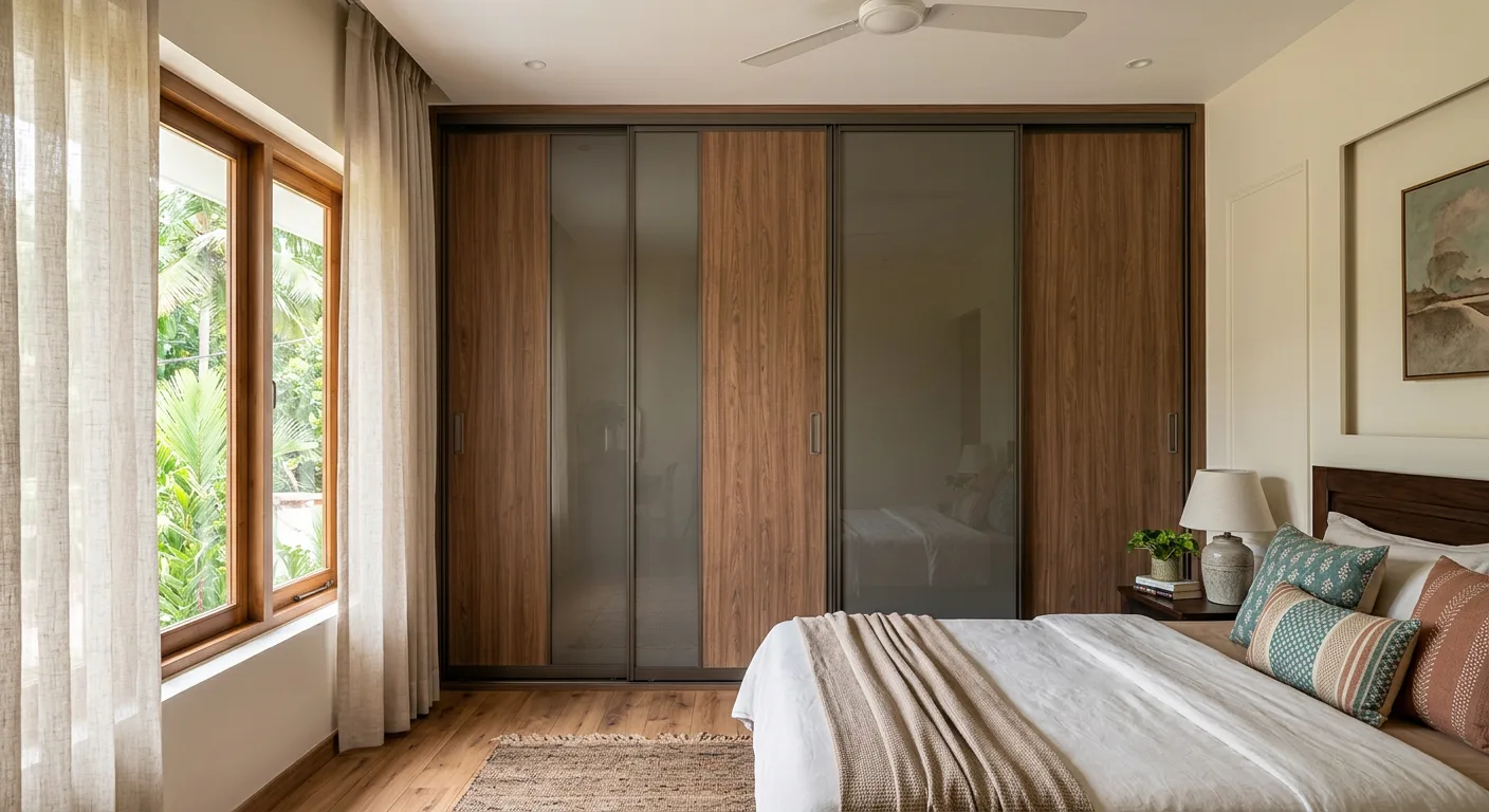 Sliding modular wardrobe in a Kadavanthra bedroom in Kochi