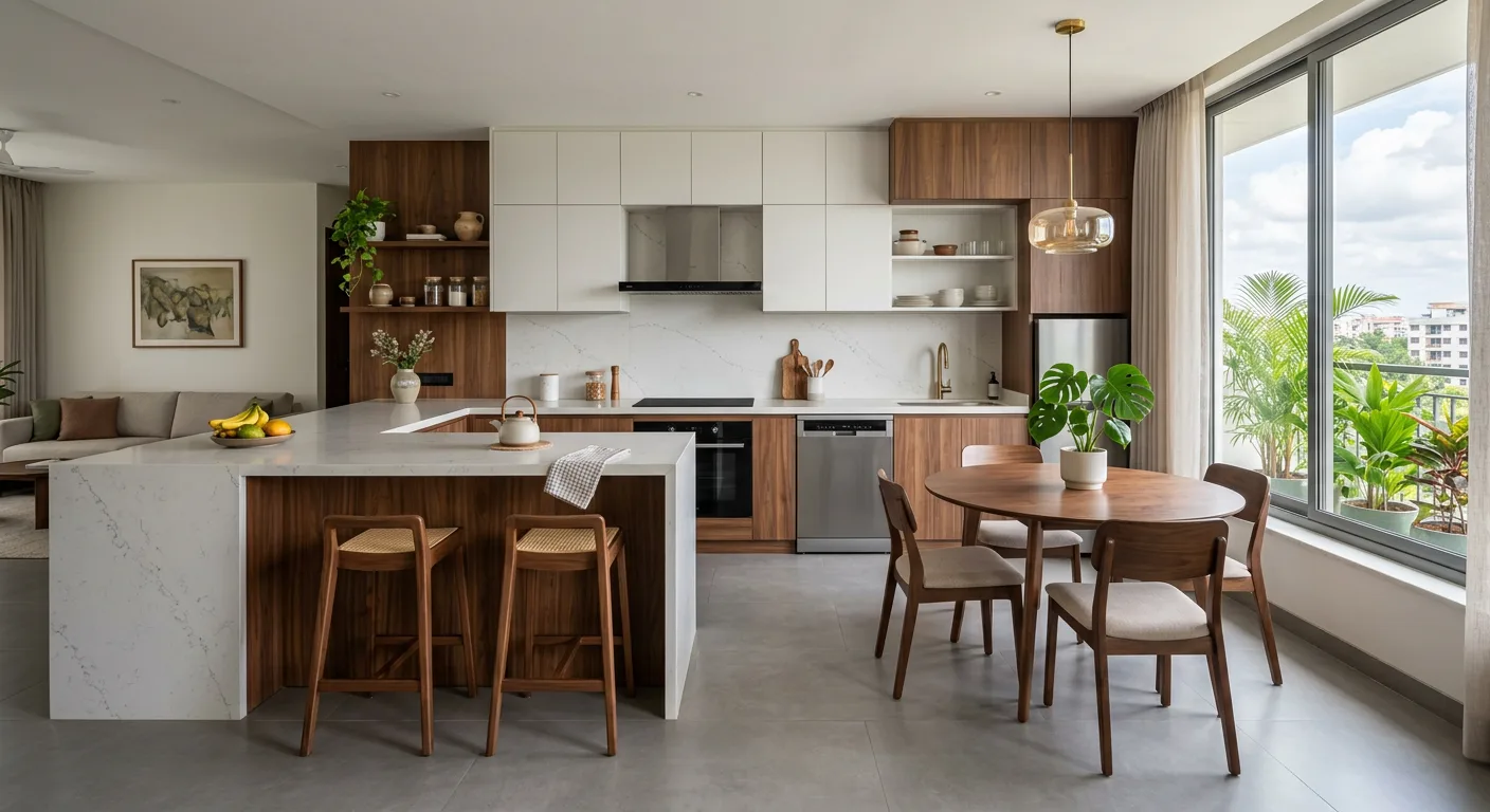 Open modular kitchen with walnut island at a Maradu apartment in Kochi
