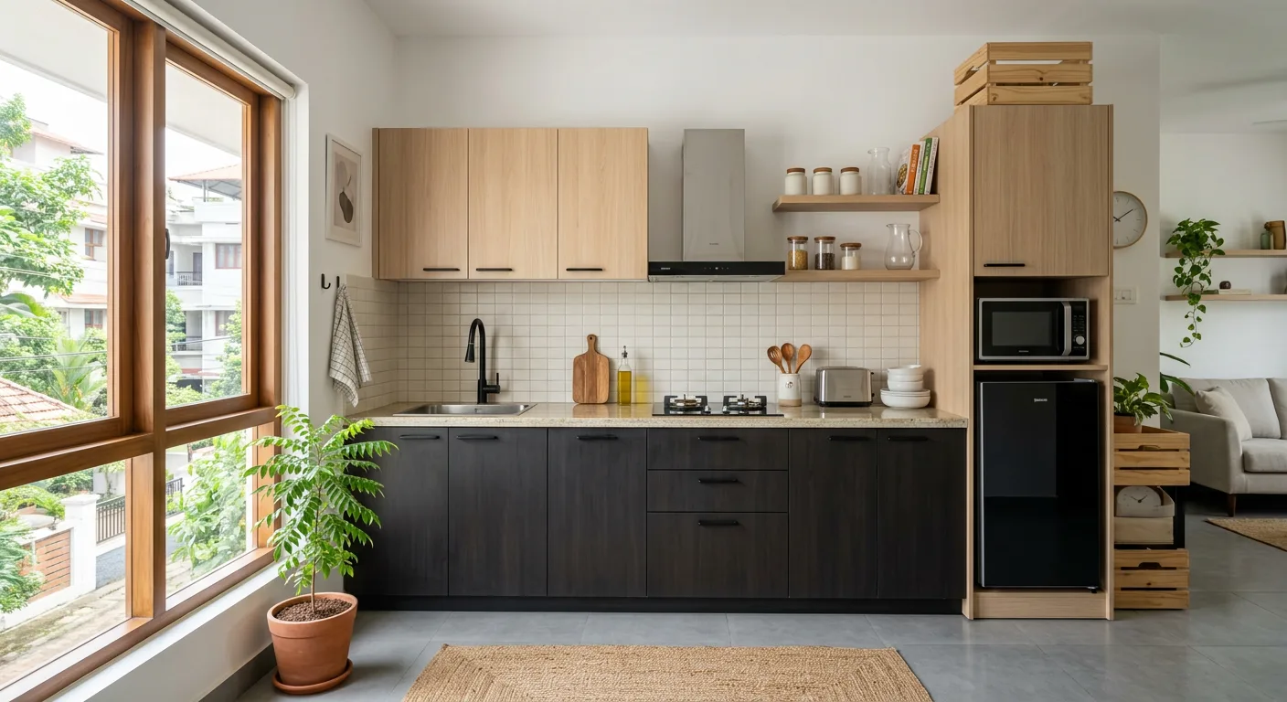 Compact single wall studio modular kitchen at a Kaloor apartment in Kochi