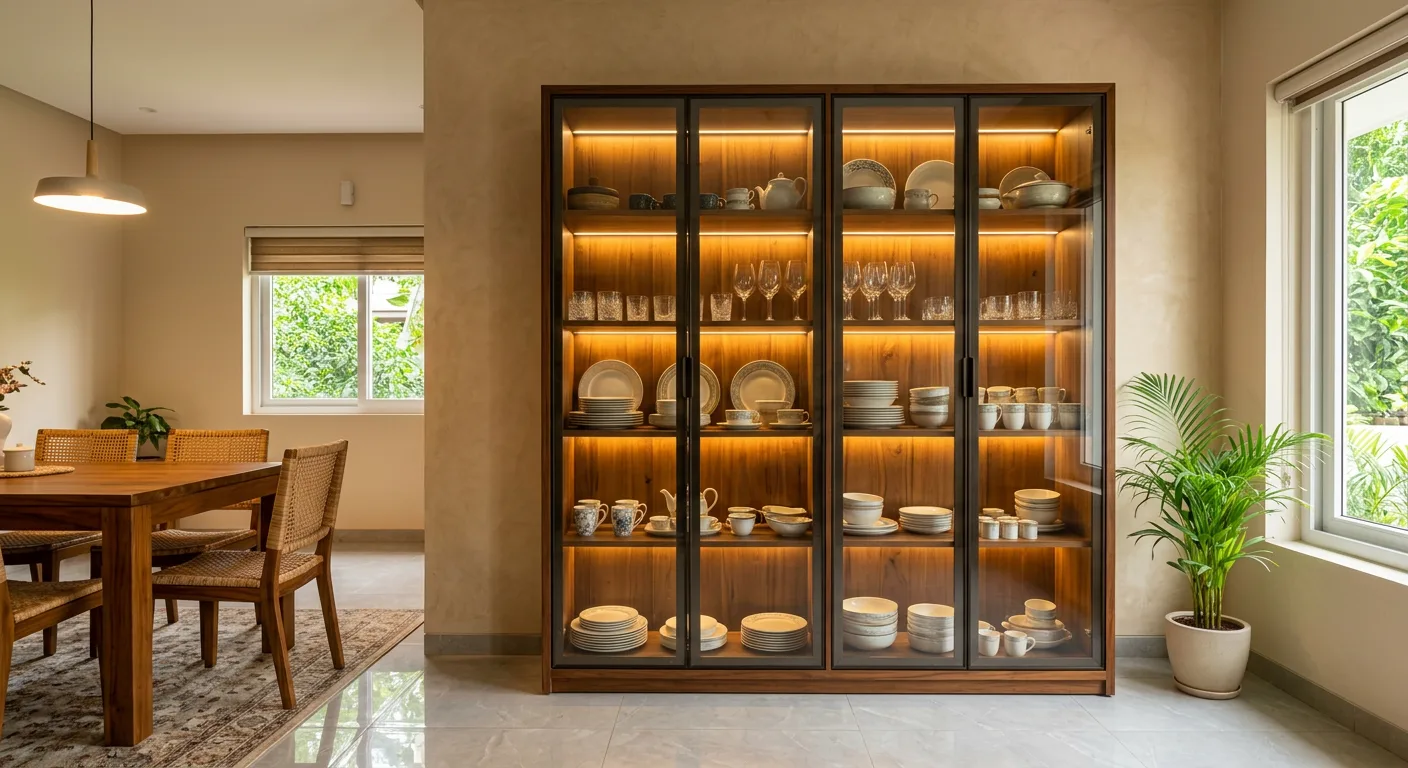 Tall crockery unit with glass shutters and internal lighting in a Kochi dining room
