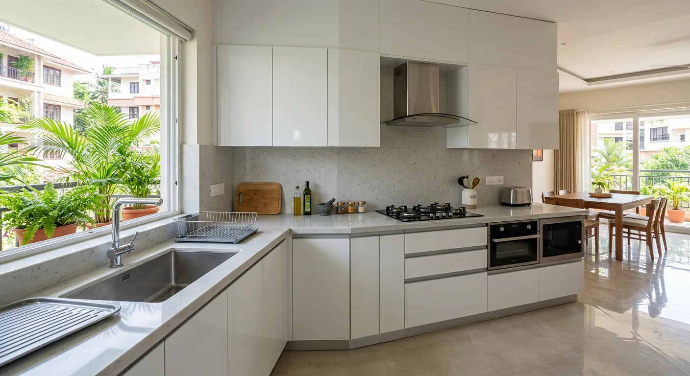 L shaped modular kitchen design with white shutters and wooden countertop in a Kochi flat