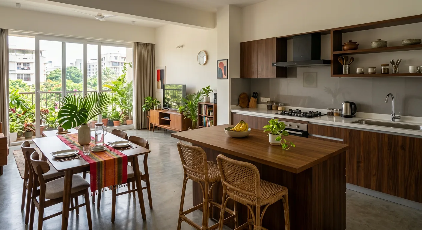 Open modular kitchen connecting to the dining area in a Kochi apartment