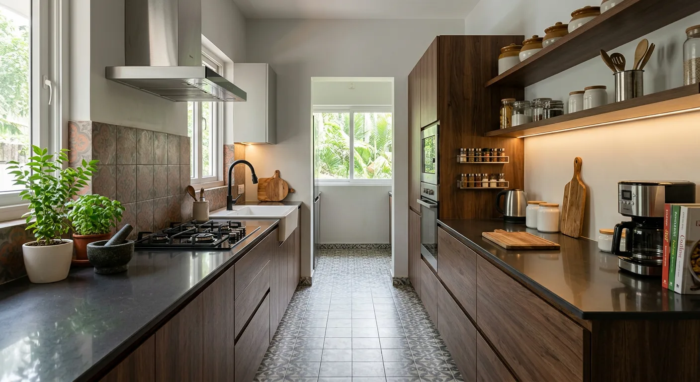 Parallel modular kitchen with two facing cabinet rows in a Kochi home