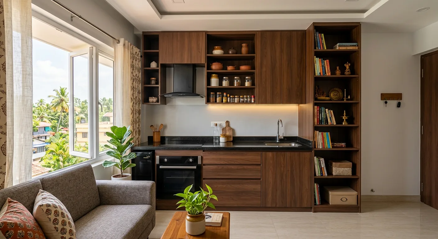 Straight line modular kitchen along a single wall in a compact Kochi flat