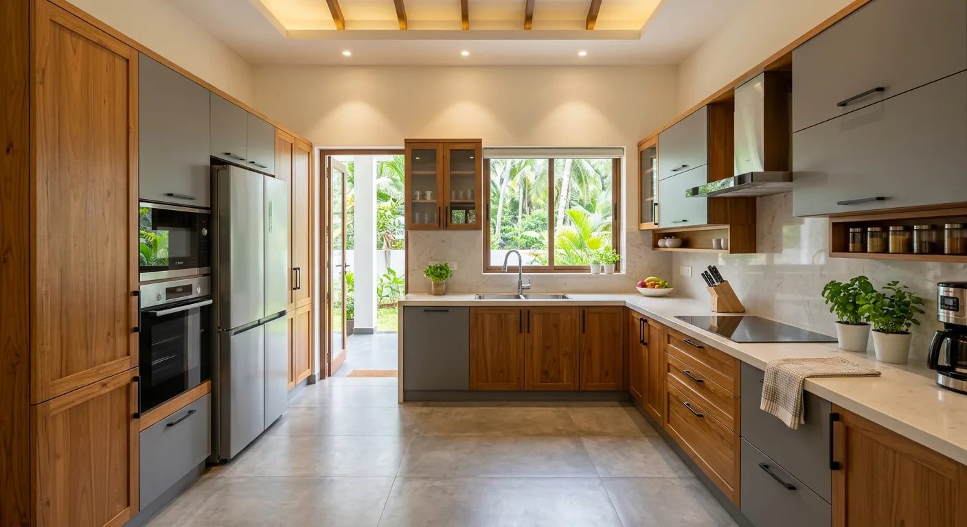 U shaped modular kitchen with cabinets on three sides in an Ernakulam villa